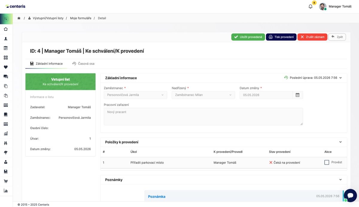 Oznámení nástupu a spuštění checklistu