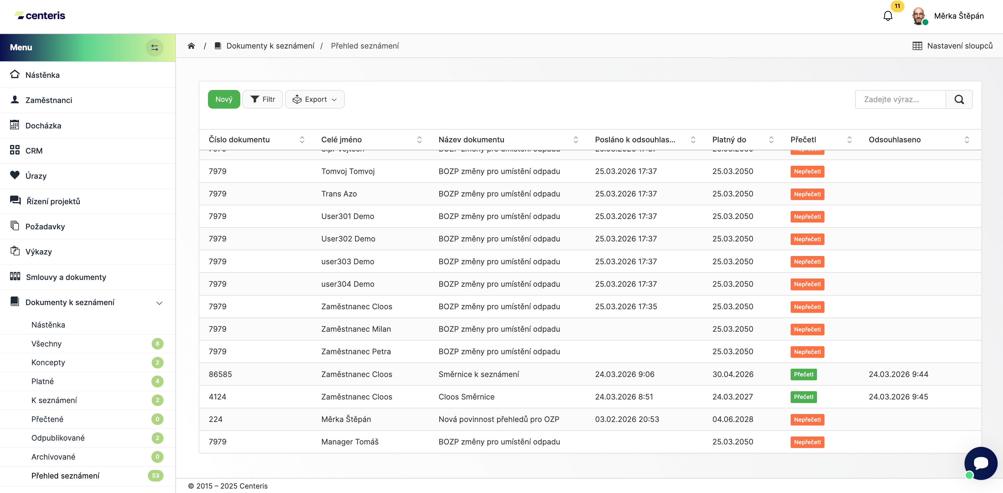 Dashboard sledování potvrzení a upomínek